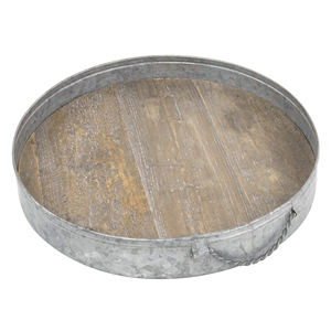 Galvanized Metal Farmhouse Rustic Large Round Decorative Serving <b>Tray</b> with Wood for Home <b>Office</b> Parties and Garden Decoration - Product Image 2