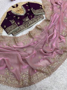 Último Modelo de Sari de Seda Organza Suave y Elegante para Mujer con Seda Satén de Bangalore con Bordado y Piezas de Blusa para Mujer - Product Image 4