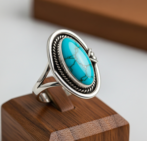 แหวนแฟชั่นสำหรับปาร์ตี้สั่งทำสีเงิน925พร้อมพลอยเทอร์ควอยซ์ชุบโรเดียมของขวัญสไตล์อินเทรนด์ - Product Image 1