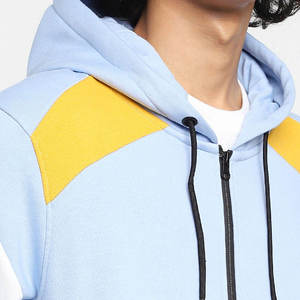 Custom High Quality <b>Men's</b> Light Blue Hooded Zip-Up <b>Sweatshirt</b> With Yellow <b>White</b> Color Blocking Raglan Sleeve Casual Winter Wear - Product Image 5