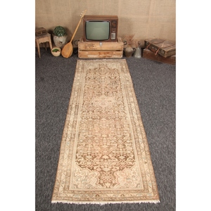 Vintage Turkish Rug Rug 3.6x10.3 ft, <b>Brown</b> Small Geometric Rug - Product Image 1