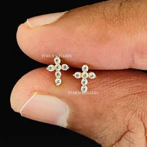 Boucles d'oreilles clous en or massif 14 carats avec diamant naturel, cadeau religieux unisexe, bijoux fins - Product Image 5