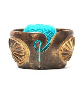 Handmade Yarn <b>Storage</b> Bowl with Carved Window Natural Wood <b>Knitting</b> Crochet 7X 3 Inch Antique and Modern - Product Image 2