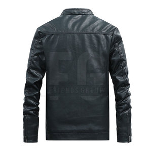 Veste en cuir noir pour homme, col montant, fermeture éclair, style motard, coupe slim, coupe-vent, manteau d'automne - Product Image 2