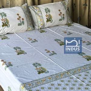 Sanganeri indien fait à la main bloc de draps imprimés ensembles de literie drap de lit avec taie d'oreiller - Product Image 1