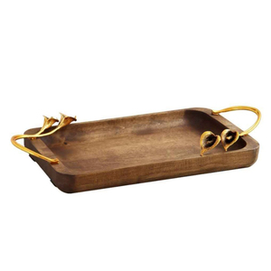 Plateau de service en bois d'acacia de qualité supérieure en gros avec poignées en aluminium nickelé en forme de bois de cerf pour la maison, l'hôtel et les événements, prix le plus bas - Product Image 2