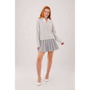 Blusa de Punto Gris Informal al por Mayor con Detalle de Cuello Camisero - Product Image 4