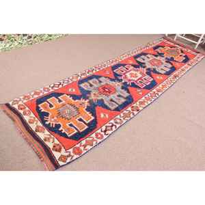 Turkish 3.1x11.5 ft Rug, <b>Runner</b> Vintage Rug, <b>Red</b> Abstract Wool Rug - Product Image 2