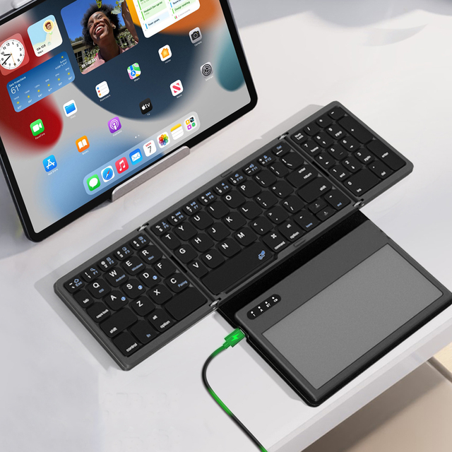 Foldable BT Keyboard with Touchpad, Rechargeable Ultra-Slim Wireless Multi-Device Multi-System for IOS/Android/Windows/Mac