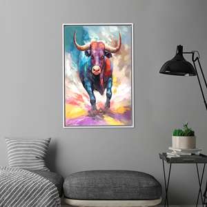 Vibrant Colorful Bull Canvas Print - Modern Abstract Animal Wall Art,<b>White</b> <b>Framed</b> - Product Image 1