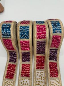Multicolor Bandhani <b>Patchwork</b> Embroidered Lace Border with Golden Zari Work Bandhani <b>patchwork</b> lace border featuring vibrant - Product Image 5