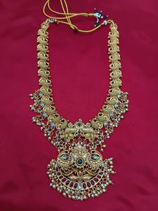 Ensemble de collier de mariée long traditionnel du sud de l'Inde avec pierres plaquées or vintage et boucles d'oreilles pour mariage, fiançailles, fête - Product Image 2