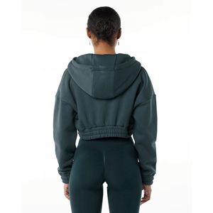 Sudadera corta con capucha para mujer, 55% algodón, 45% licra, estilo de hombro con cremallera completa - Product Image 4