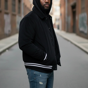 High Quality Custom Canvas Embroidery Logo 100% Wool Solid Color Heavyweight <b>Long</b> Hooded Varsity Winter <b>Jacket</b> for <b>Men</b> - Product Image 4