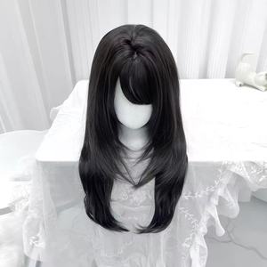 Perruque synthétique longue et droite avec frange, sans colle, en fibre résistante à la chaleur, bonnet ajustable pour usage quotidien - Product Image 1