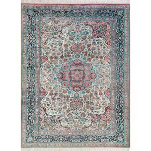 Tapis en soie Gulmarg bleu noué à la main Pae-5661, motif floral et patchwork, épaisseur 10 mm, pour entrée et chambre à coucher - Product Image 1