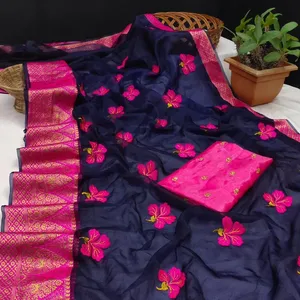 新款party wear纱丽软欧根纱Rani Kanchipuram提花边框，纱丽花扣，对比衬衫