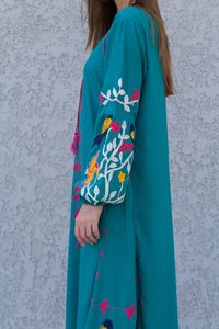 Verano nueva llegada verde azulado algodón egipcio mujeres hermoso bordado manga larga tobillo longitud Casual turco Maxi vestido - Product Image 5