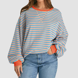 Sweatshirts Hauts à manches longues Chemises rayées confortables sweat-shirt à col rond décontracté, solide, tricoté, sweats à capuche pour femme - Product Image 3