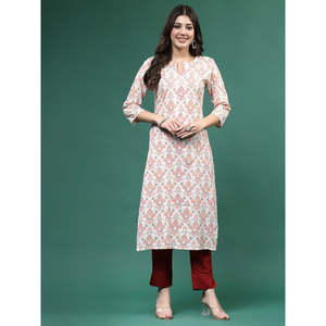 Kurtas droits imprimés blanc cassé pour femmes, hauts modestes - Product Image 4