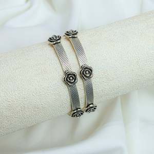 Swadeshi Pitara Women's 925 Silver Fashion Statement Bangle <b>Single</b> Piece with Rose <b>Flower</b> Design From Rajasthan - Product Image 4