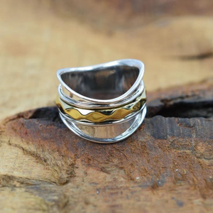 <b>Two</b> Tone Spinner <b>Ring</b> 925 Sterling Silver Meditation Hammered Band Handmade Unisex Fashion Jewelry Daily Wear Gift - Product Image 1