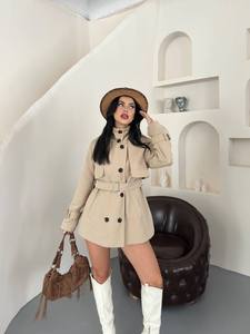 Elegant Beige Casual <b>Safari</b> Jacket Belt Full Sleeve <b>Shirt</b> Collar Double Breasted Regular Length Autumn Wear Reversible Windproof - Product Image 3