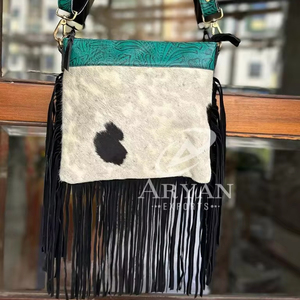 กระเป๋าสะพายข้างหนังวัวประดับพู่สำหรับผู้หญิง, กระเป๋าคาดลำตัวหนังวินเทจพิมพ์ลายสีนูนสำหรับผู้หญิง - Product Image 1