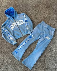 Unisex 100% Cotton Custom Hooded Track Suit French Terry Cropped Winter Sweatsuits 3D for High Quality Fleece Drawstring - Product Image 4