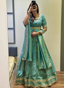Set Salwar Sutra Chinon Hijau Teal Bordir, Laris Manis, Bahan Stretchable Anti Kusut untuk Wanita, Pakaian Pesta, Etnik, dan Pengantin - Product Image 2