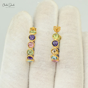 Envío instantáneo 14K oro amarillo puro Arco Iris pendiente genuino Multi piedra 4mm redondo colorido Push Back minimalista mujeres pendientes - Product Image 5