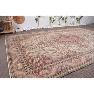 Alfombra turca clásica Beige roja Vintage 6,5 pies X 9,7 pies tejido plano patrón de retazos lana PP Material para sala de estar respaldo de yute - Product Image 2