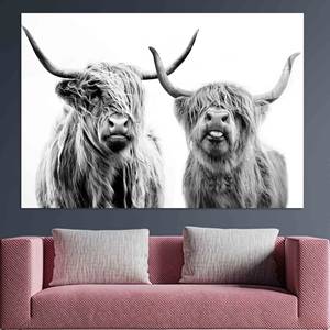Highland Cow Canvas <b>Print</b>: Black & White Scottish Farmhouse Decor,TEMPERED GLASS <b>ART</b> - Product Image 1