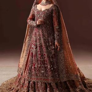 Vestido de novia KURTA, LEHENGA y DUPATTA con adorno de cuentas de cristal, piedra, trabajo DABKA para boda = 2024 - Product Image 1