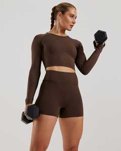 Prix usine cacao femmes essentiel manches longues haut court 4 voies extensible doux et léger entraînement haut court t-shirts pour femmes - Product Image 3