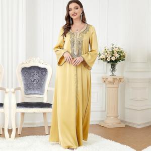 Ruffle satén árabe vestido largo nuevas mujeres musulmanas amarillo Kaftan islámico Maxi vestido manga larga árabe Jilbab Abaya venta al por mayor de en - Product Image 6