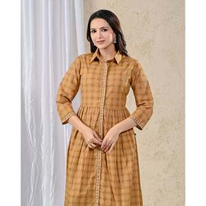 Vestido Casual Hippie de Fiesta de Algodón con Estampado y Cintura Impero Color Mostaza, Diseño Personalizado, Transpirable y Talla Única (XS-XL) - Product Image 1