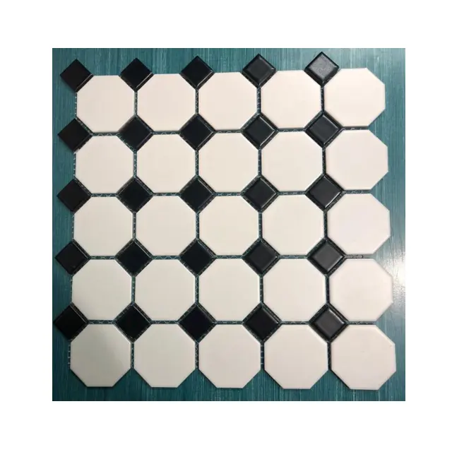 Buy White and Black Octagon Porcelain Mosaic Tails For Bathroom and Kitchen Backsplash Wall and Floor Decor