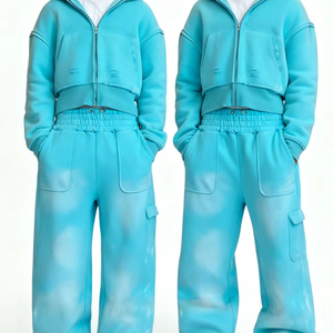 Unisex Cyan Crew Neck Tracksuit Set Elastic Waist Breathable Lightweight Loose Fit Solid Color Cotton Casual Wear Streetwear - Product Image 4