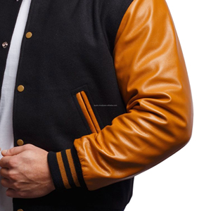 Veste bomber rétro américaine authentique unisexe en laine épaisse avec manches en cuir, patchwork, uniforme d'équipe écologique - Product Image 4