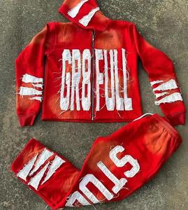 Personalizado 3D Puff estampado polar 100% algodón apilado Joggers pantalones de chándal acampanados y Sudadera con capucha chándal conjunto de 2 piezas para hombres - Product Image 4