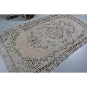 Alfombra turca Vintage Beige 5,3 X 9.3ft Tejido plano de lana con patrón de retazos para decoraciones de sala de estar - Product Image 2