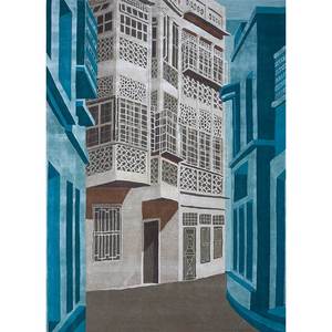 Alfombra de Lana y Viscosa Azul Lineal Top-163, Hecha a Mano, con Patrón Abstracto para Uso Doméstico - Product Image 1