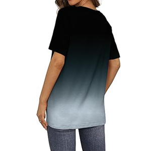 Femmes été Ombre gris vente en gros à manches courtes T-Shirts broderie décoration respirant toile col en v Style - Product Image 4