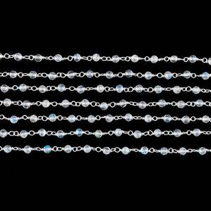 Natural Blue Flash Rainbow Moonstone Faceted Round Gemstone 925 Sterling <b>Silver</b> Rosary Chain Moonstone <b>Wire</b> Wrapped Link Chain - Product Image 2