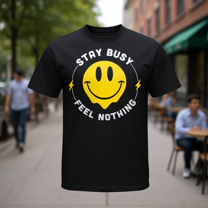 T-shirt Stay Busy Feel Nothing, design Smiley noir, vêtements unisexes - Product Image 3
