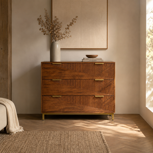 Modern Mango Wood <b>Chest</b> of 4 Drawers Brown <b>Storage</b> Cabinet Fluted Door Dresser for Living Room - Product Image 2