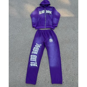 Streetwear Hombres Sweatsuit Acid Wash Flared Sun Faded Pantalones de chándal y Zip up Hoodie Set Cordón Cintura Sweat Suit Sets - Product Image 3