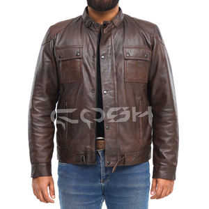 Vintage-Style Dark Brown Genuine Leather Bomber <b>Jacket</b> with Snap-Button Front Closure and Band Collar - Product Image 3