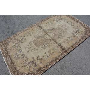 Alfombra turca Vintage Beige Marrón 3,7 X 6.8ft Lana hecha a mano Área grande Diseño de retazos Rectangular Pasillo Látex para decoración de habitación - Product Image 4